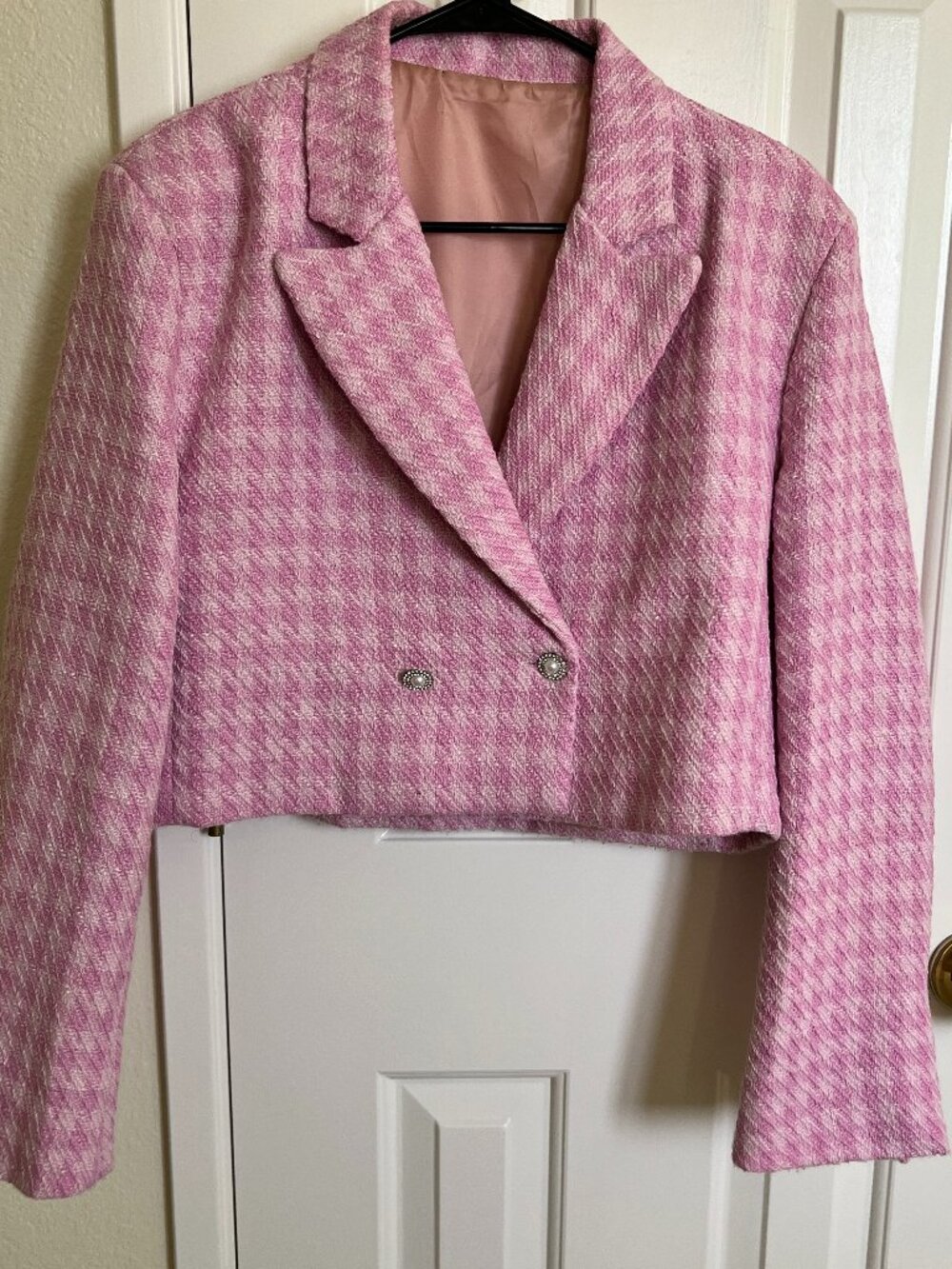 Women Double Breasted Cropped Tweed Blazer, Rose Pink, Size S